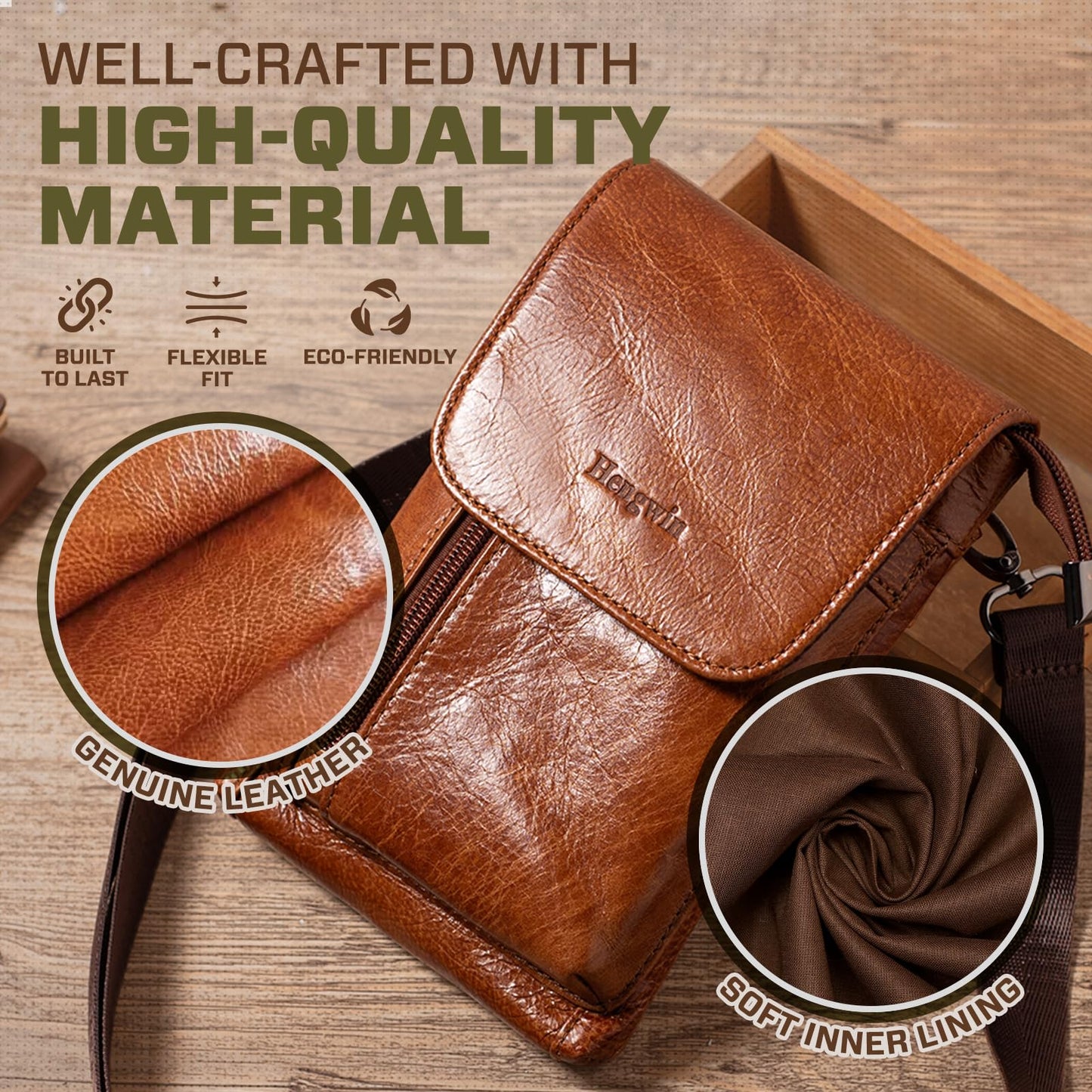 Hengwin Genuine Leather Small Crossbody Bag for Men Women, Cellphone Belt Pouch Bag, Travel Passport Wallet, Shoulder Holster