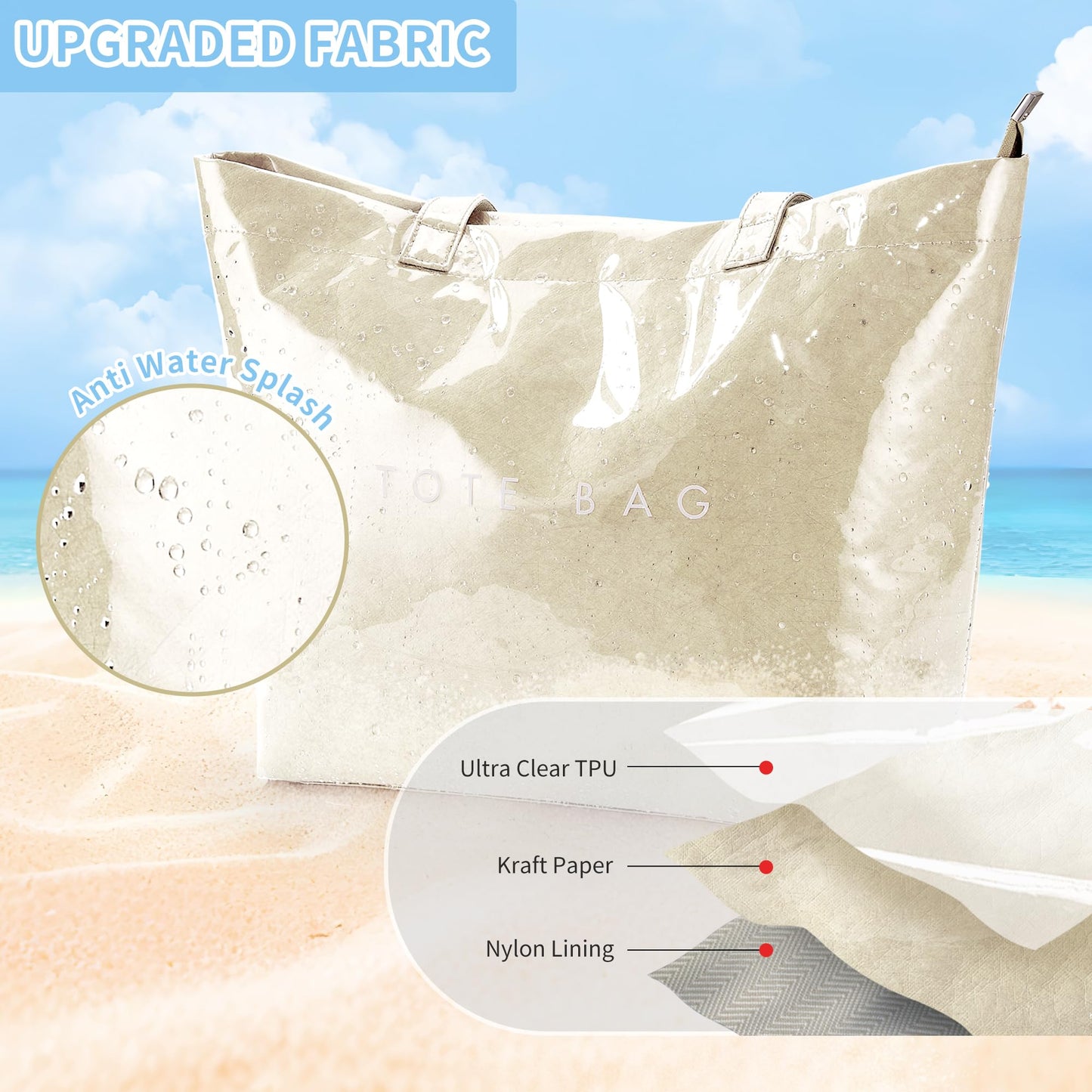 KALIDI PVC Zipper Tote Bag, Jelly Kraft Paper Beach Bag Large Hobo Carry All Travel Shopping Handbag Plastic Shoulder Bag (Beige)