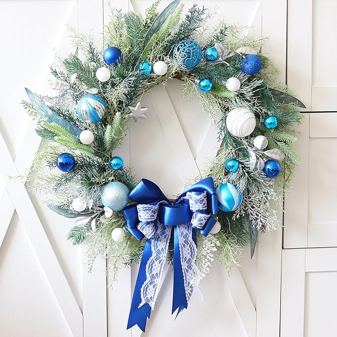 TOKCARE Prelit Christmas Wreath with Blue Bow and Ball Ornaments 22 Inch Christmas Wreath with Lights for Front Door Battery Operated Timer 40 LED Lights, Holiday Decoration for Fireplace Xmas Decor