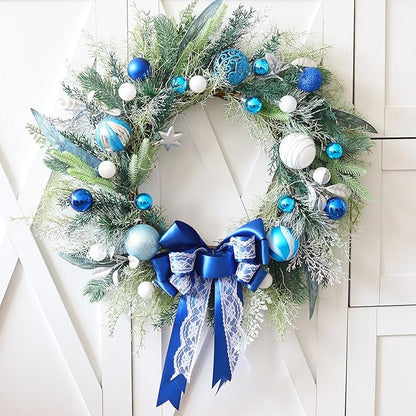 TOKCARE Prelit Christmas Wreath with Blue Bow and Ball Ornaments 22 Inch Christmas Wreath with Lights for Front Door Battery Operated Timer 40 LED Lights, Holiday Decoration for Fireplace Xmas Decor