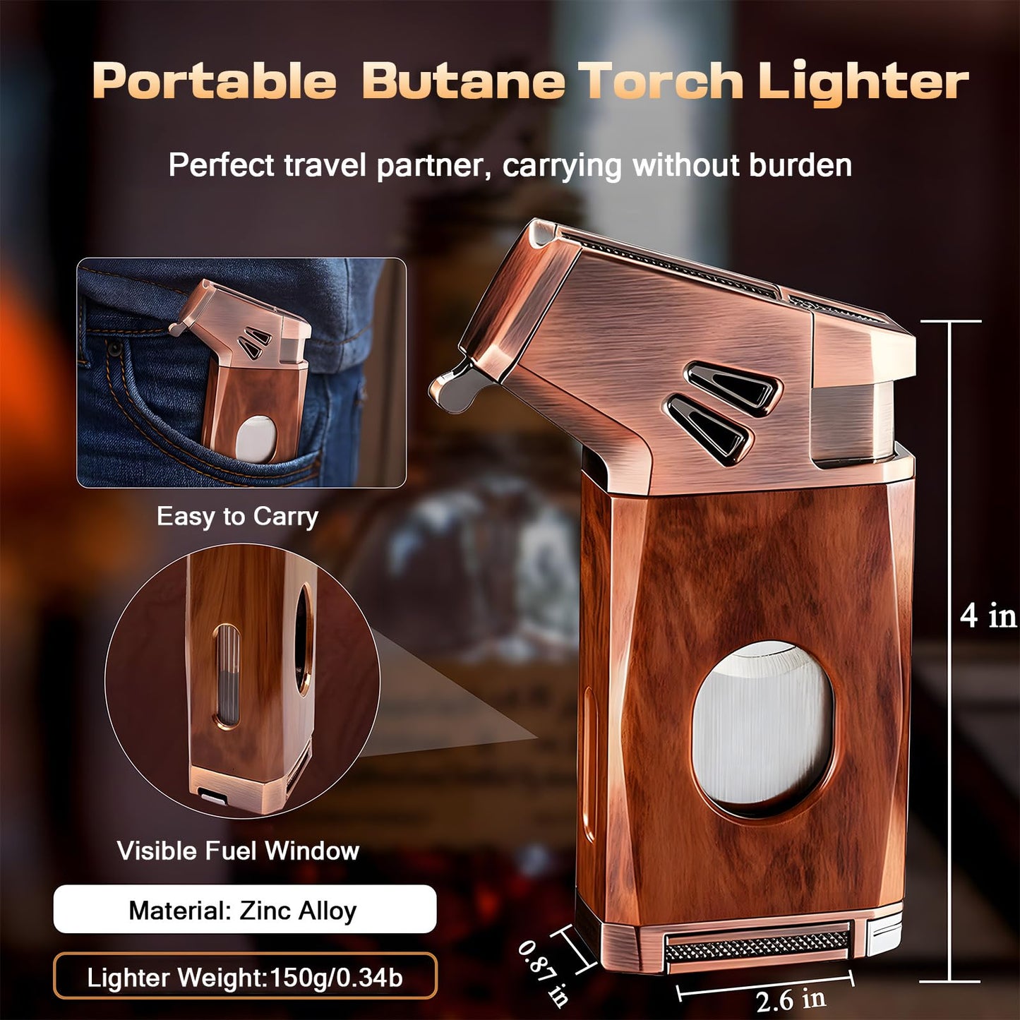 VloEssic Butane Torch Lighter Built-in Cutter, Punch, Holder, Draw Enhancer, Jet Flame Butane Refillable Lighter, Windproof Jet Lighter Adjustable, 5-in-1 Cool Lighters Gift for Men (Without Gas)
