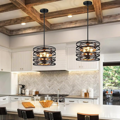 3-Light Farmhouse Black Chandelier for Dining Room Lighting Fixtures, 12.6'' Rustic Drum Ceiling Hanging Pendant Light for Foyer Entryway Kitchen Bedroom, Black with Wood-Grain Metal Interior