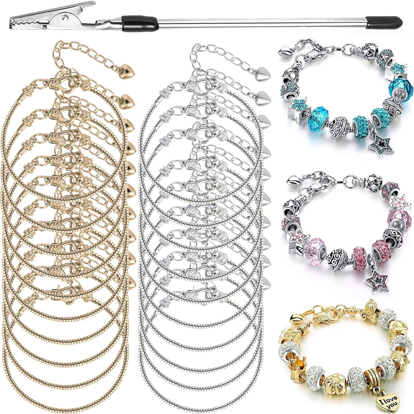 20 Pieces Snake Chain Charm Bracelet with Bracelet Helper Adjustable Snake Charm Bracelet Chains with Heart Lobster Clasp Extender Chain DIY Bracelet Chain for Women Jewelry Making Gifts Supplies