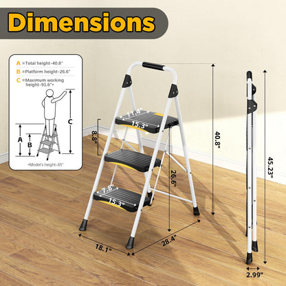 Urackify 3 Step Ladder, Folding Steel Step Stool with Safety Lock, Anti-Slip Wide Pedals, Pass 800lbs Load Testing, Handrail, Heavy Duty Portable Ladder for Multi-Purpose, Indoor, Office, Kitchen