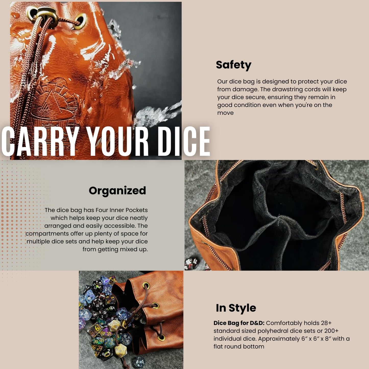 Sage's Portal Large DND Dice Bag, Holds 200+ Dice, Velvet-Lined PU Leather Drawstring Pouch with 4 Pockets for Dungeons and Dragons RPG MTG, D&D Gift for Dungeon Masters and Players