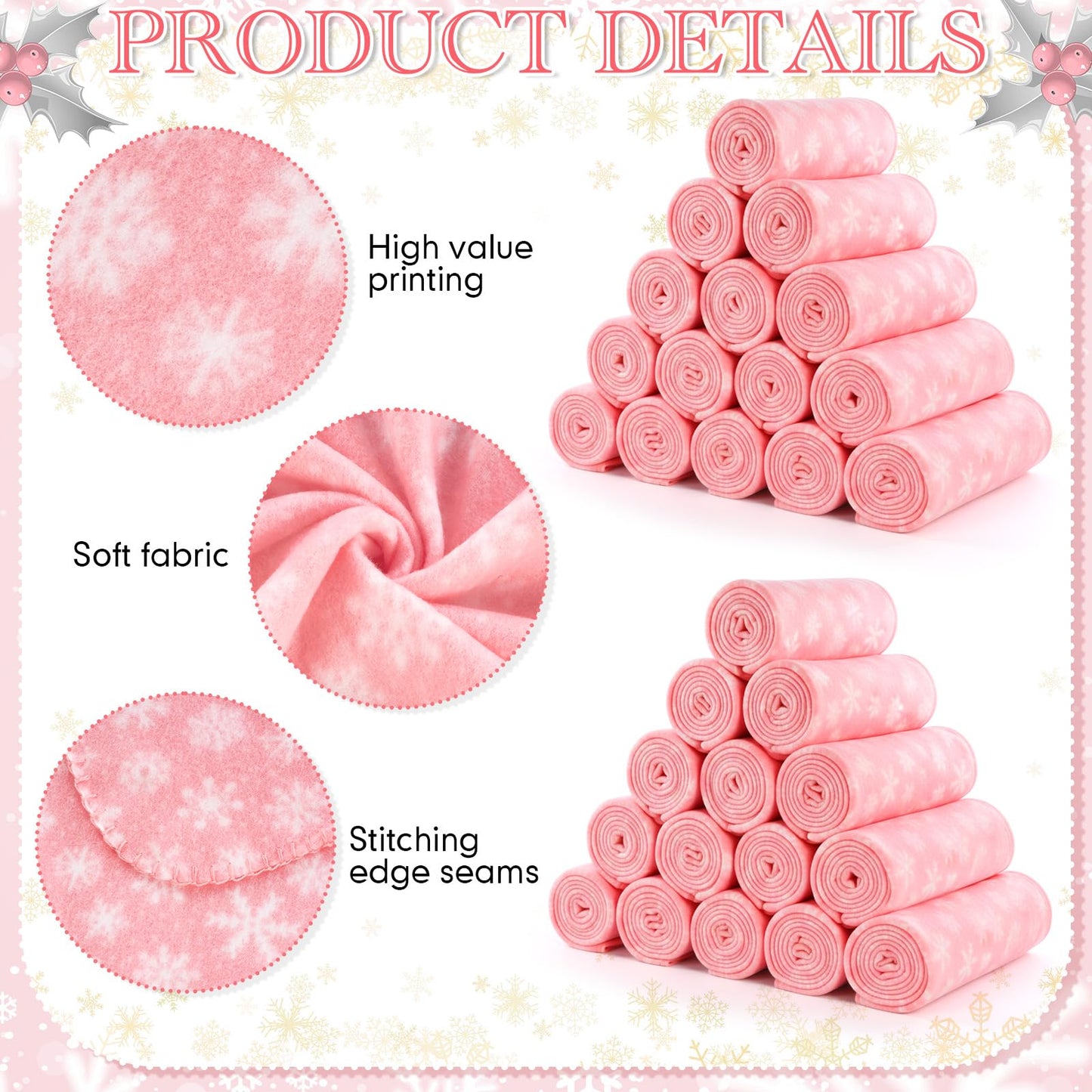 Moukeren 24 Pcs Christmas Snowflake Throw Blanket Bulk, 59 x 47 Inch Xmas Winter Throw Blanket Christmas Warm Soft Cozy Fleece for Home Bedding Couch Chair Gift (Pink)