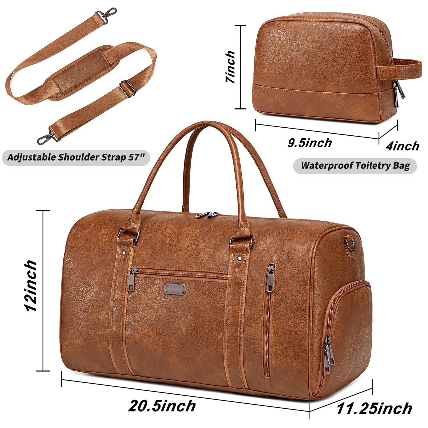 Large Travel Duffel Bag for Women Men, Faux Leather Weekender Overnight Bag with Shoe Compartment, Waterproof Carry On Bag with Toiletry Bag, Travel Tote Bag Gym Bag (Brown)