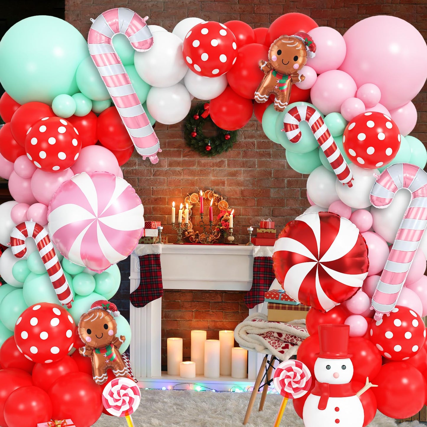 Christmas Balloons Arch Xmas 132PCS Red Pink Green White Balloons Garland for Gingerbread Party Decorations with Cane Foil Balloons Lollipop Candy Balloon New Year Cookie Exchange Decor