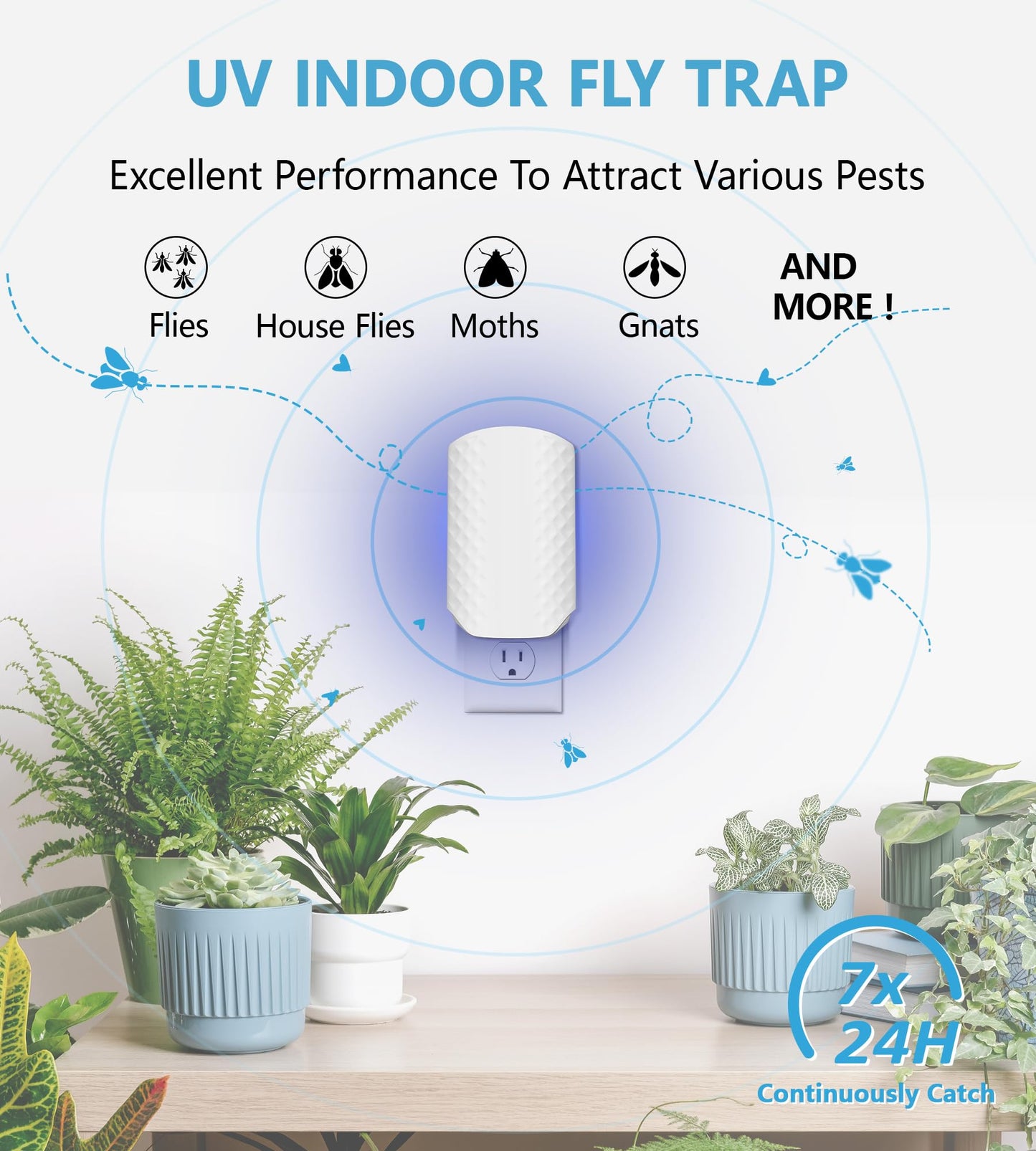 WowCatch Flying Insect Trap for Indoors, Bug Killer Light Trap for Fruit Flies, Gnats, Moths, and Houseflies, 1 Device + 4 Refills, Best Fly Traps for Home, Kitchen, Bedroom, Plant Area, Garages