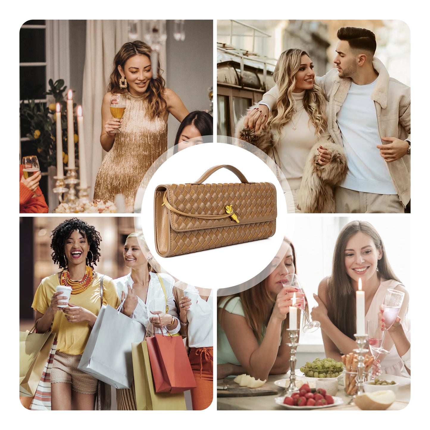 Joryin Woven Purse For Women Evening Clutch Woven Leather Handbags Crossbody Bag Suede Purse Formal Evening bag, Acorn
