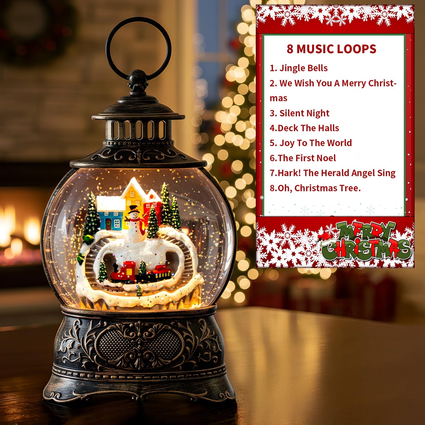 Christmas Village Snow Globe Lantern – LED Musical Swirling Glitter Water Globe, Snowy Village with Train, Battery or USB Powered, Auto Timer – Tabletop Decor & Gift