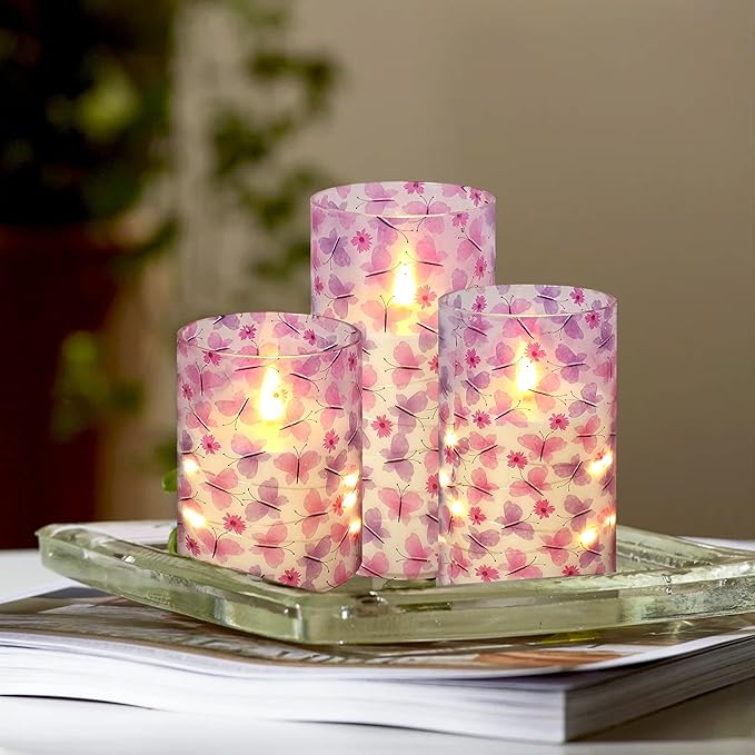Flickering Flameless CandlesPink Butterfly Print, Embedded Star String Lights, Battery Operated Acrylic LED Pillar Candles with 11-Key Remote and Timer for Home Decoration, 3 Pack