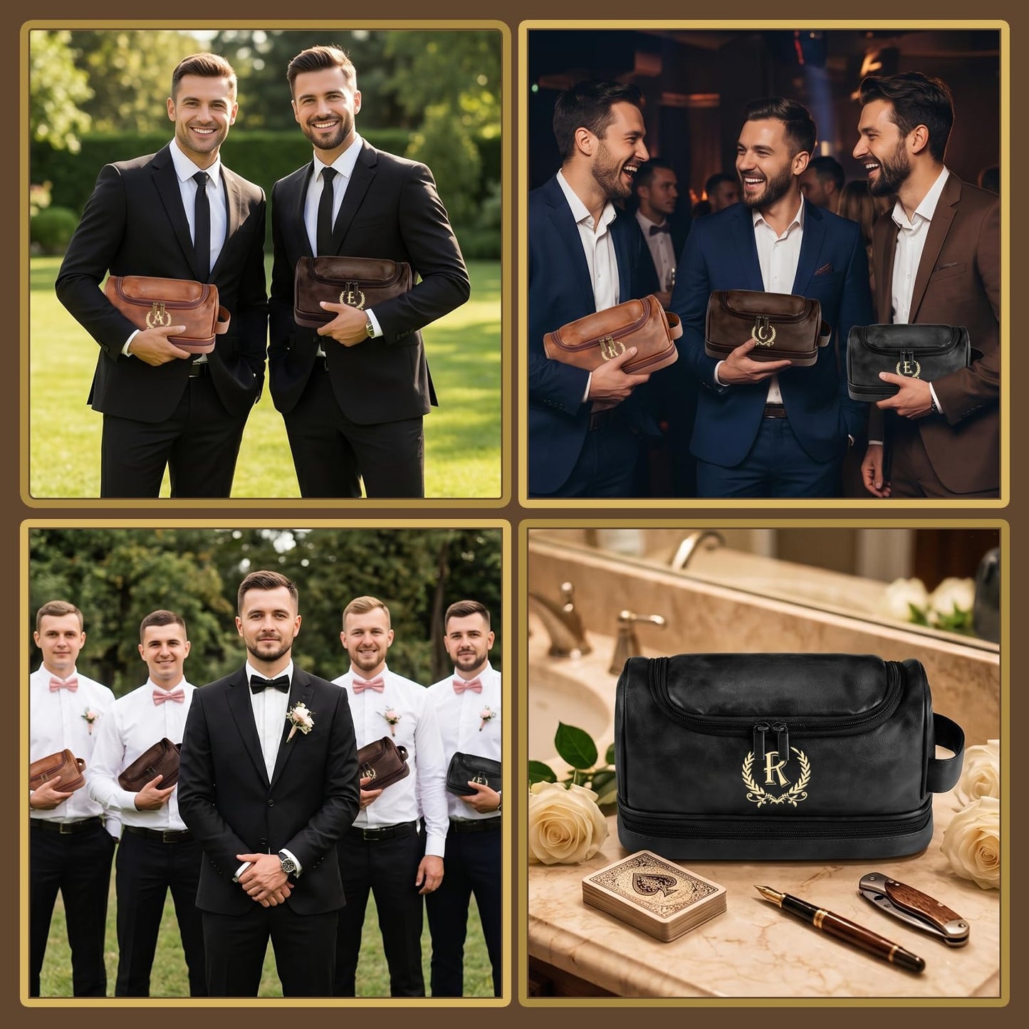 Groomsmen Gifts for Men Travel Toiletry Bag, Personalized Leather Toiletry Bag with Handle & Hook, Water Resistant Shaving Kit Bag for Wedding Party Bachelor Party Favors Bestman Gifts(T)