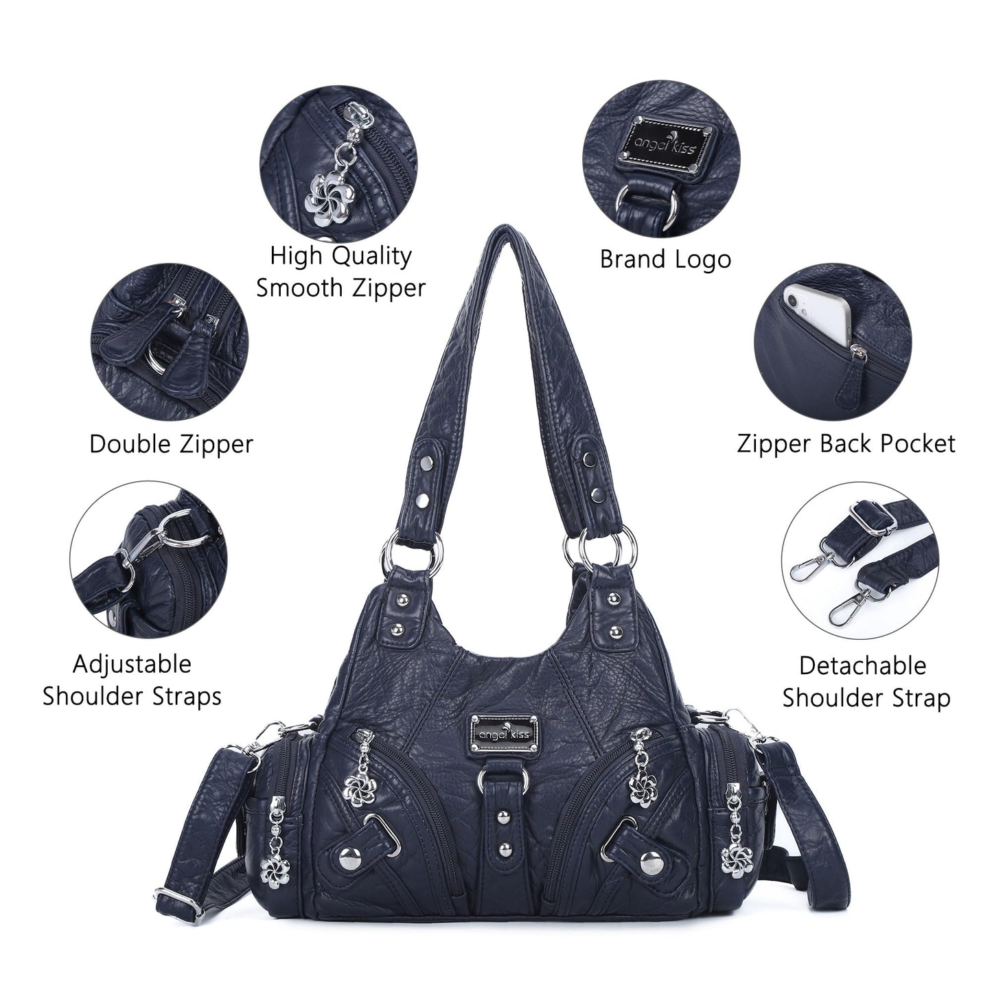 Angel Kiss Purses for Women Small Hobo Shoulder Bags Vagen Leather Multi-Pocket Tote Bag with Zipper (Blue)