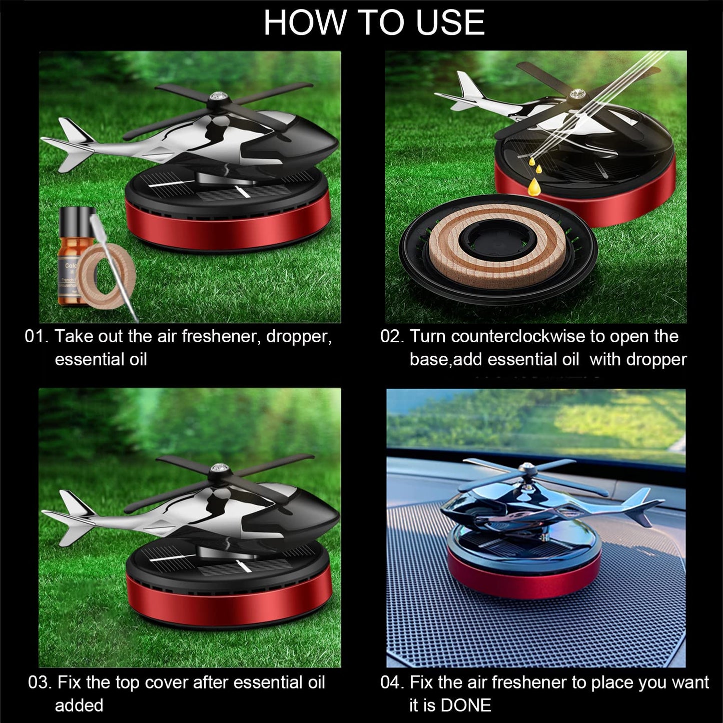 NICEADA Al Alloy Solar Powered Rotating Helicopter Shape Car air purifier, Home and Car Interior Decoration Accessories (Red)