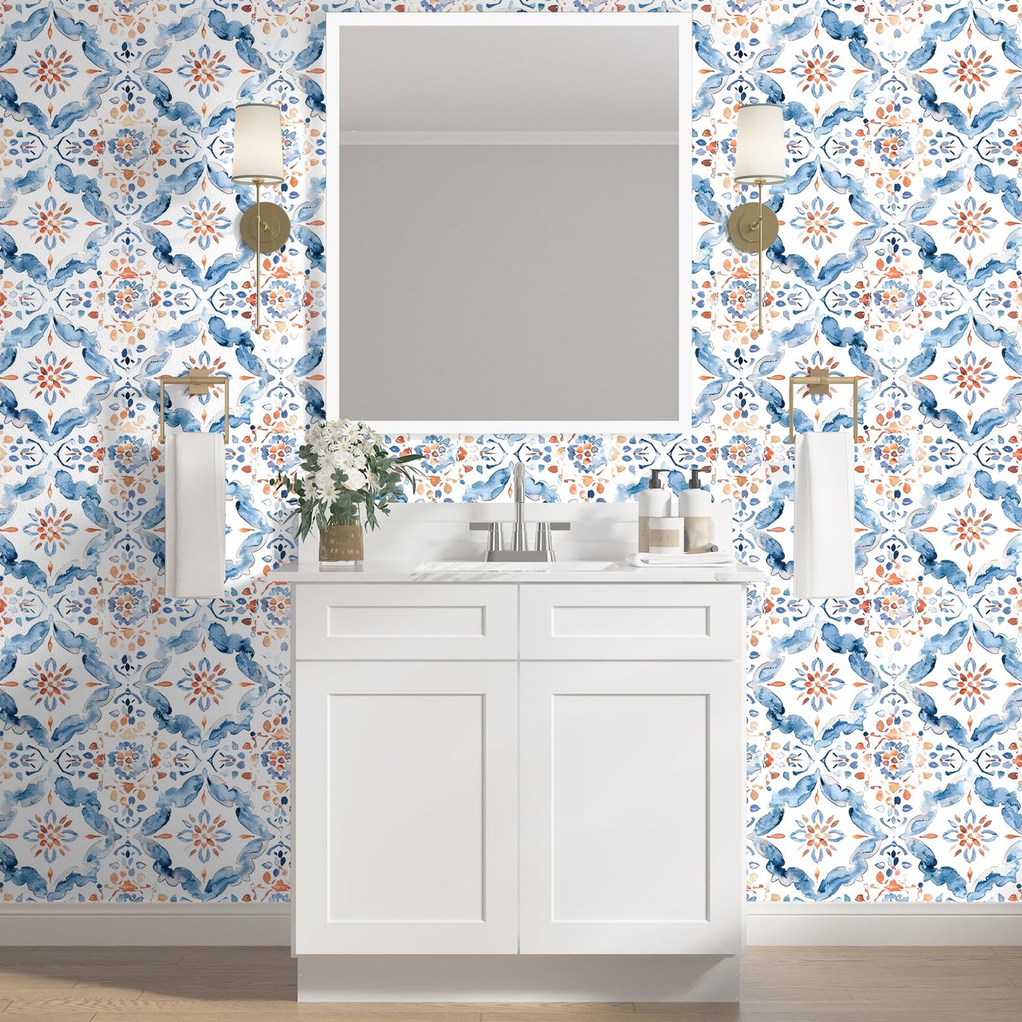 HAOKHOME Geometric Peel and Stick Wallpaper Tile Blue/White/Red Floral Damask Removable Wall Paper Modern Home Decor for Kitchen Backsplash 17.3in x 118in