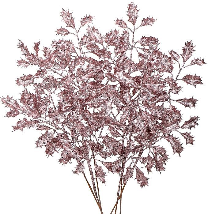 DILATATA 6Pcs Christmas Glitter Leaves Holly Leaves 23" Artificial Rose Gold Holly Leaf Picks Sprays Giltter Stems for Christmas Tree DIY Xmas Wreath Garland Home Decor - Rose Gold