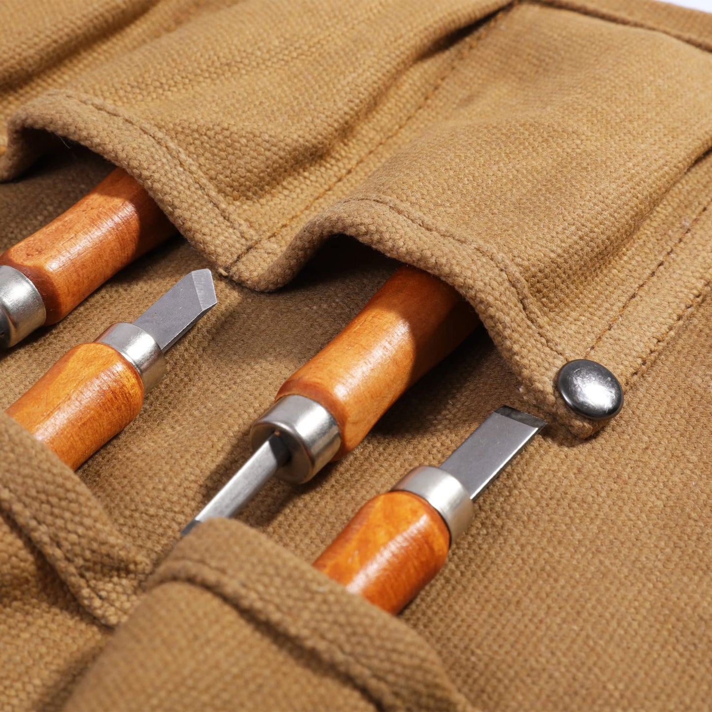Tool Roll, Heavy Duty Waxed Canvas Small Tool Bag Tool Pouch for Chisels, Hammers, Gouges Palm Tools (Khaki)