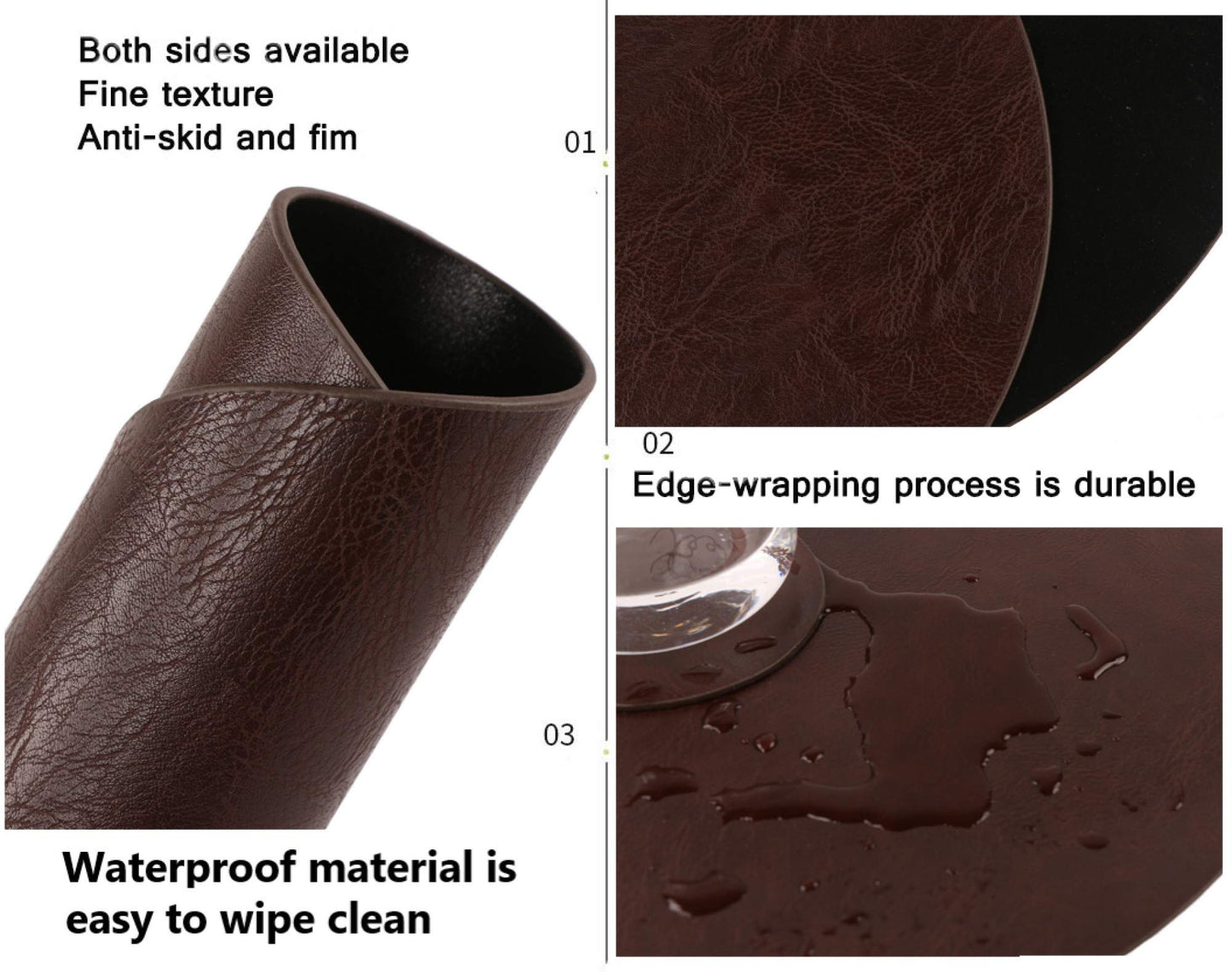 Embossed PU Leather Placemats, Waterproof Coffee Coasters, Kitchen Table Mats, Easy to Wipe Off for Dining Round Table