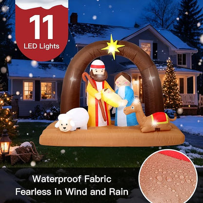 8FT Christmas Inflatables Nativity Scene Decorations Outdoor，Blow Up Nativity Scene with Built-in LEDs Lights for Indoor Holiday Party Yard Garden Lawn Décor