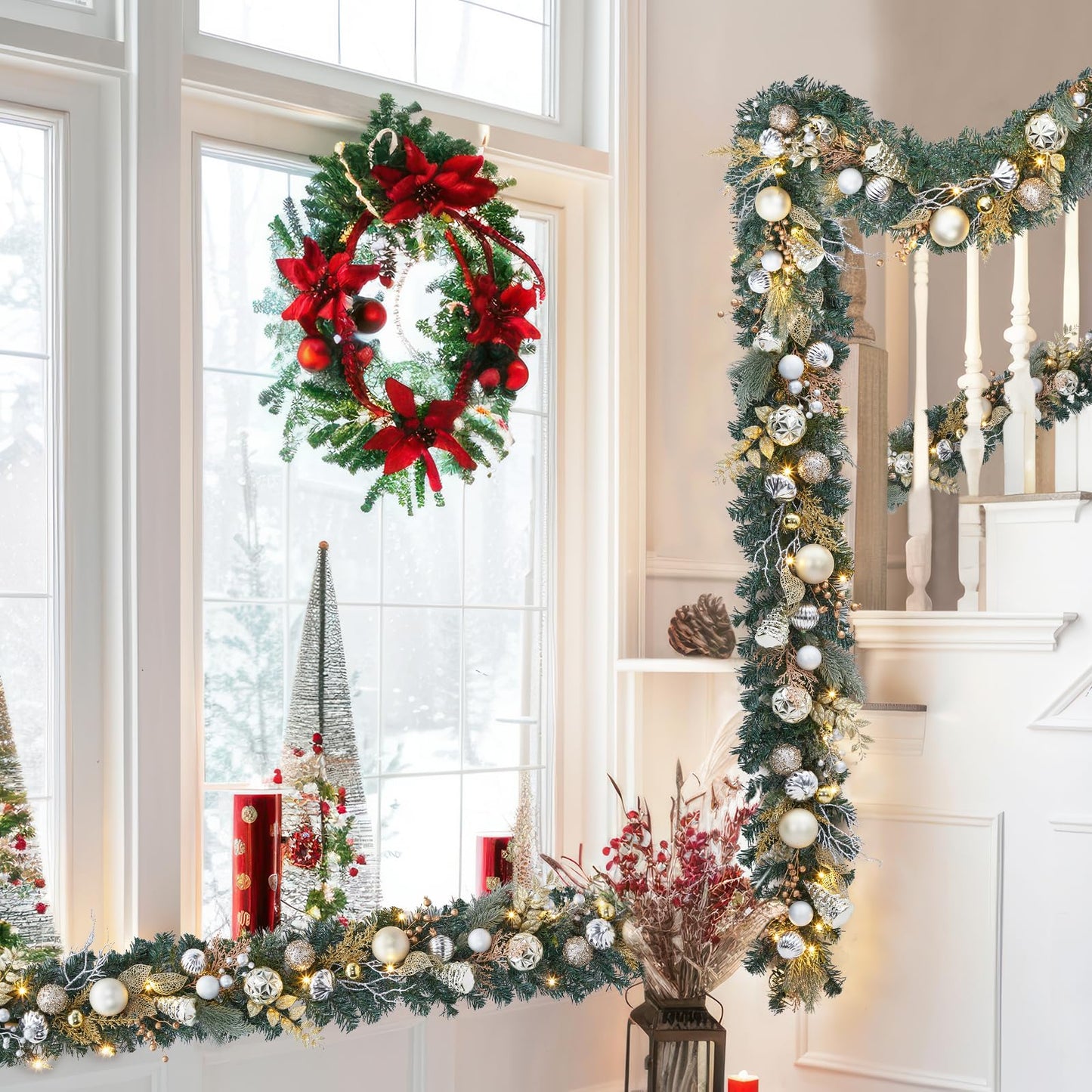 FairyLee 6ft Battery Operated Christmas Garland with 20 LED Lights & Timer, Pre-Lit Artificial Garland for Mantle, Staircase, Table, Indoor Outdoor Xmas Holiday Decor,Gold