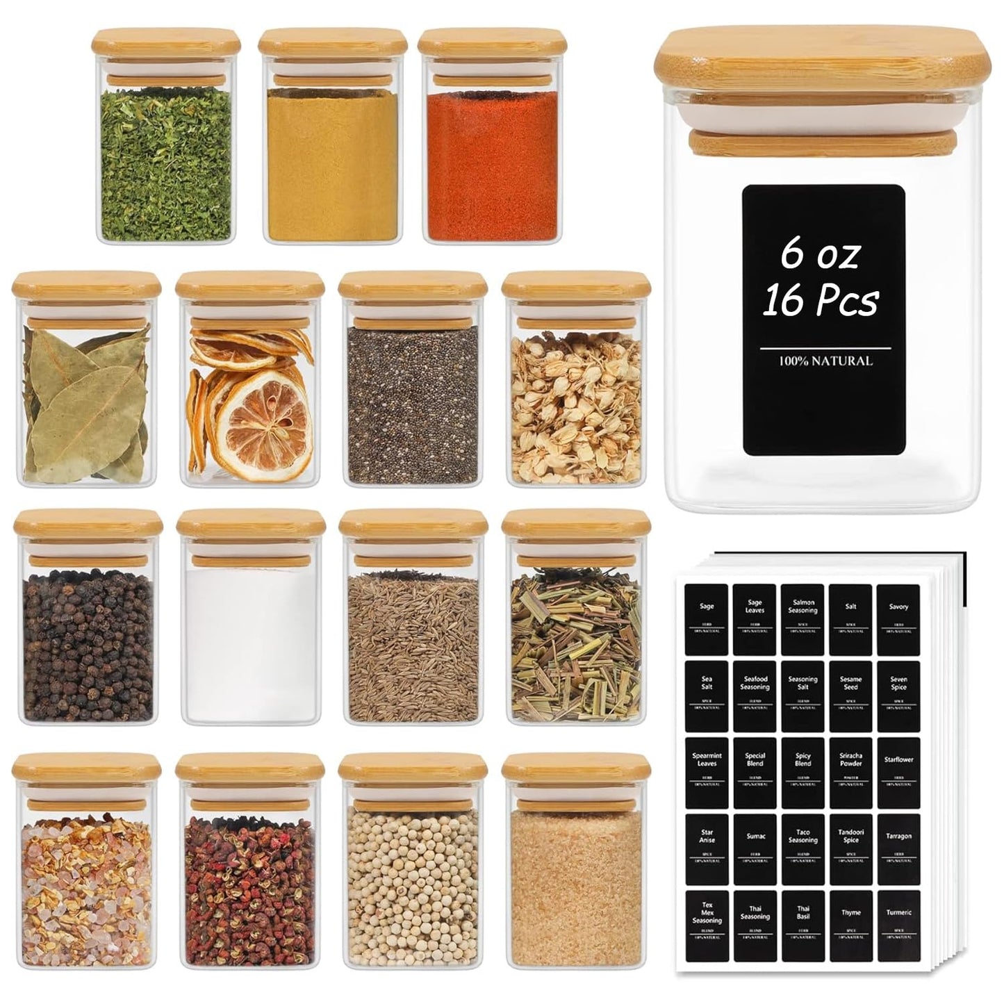 ComSaf 16Pcs Glass Spice Jars with Bamboo Lid, 4oz Airtight Square Spice Containers with 275 Black Lables, Empty Seasoning Jars for Spice Salt Sugar