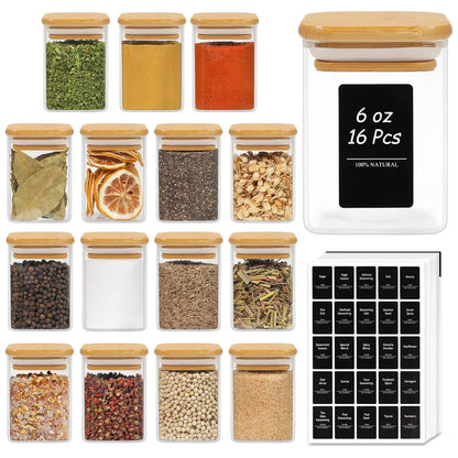 ComSaf 16Pcs Glass Spice Jars with Bamboo Lid, 4oz Airtight Square Spice Containers with 275 Black Lables, Empty Seasoning Jars for Spice Salt Sugar