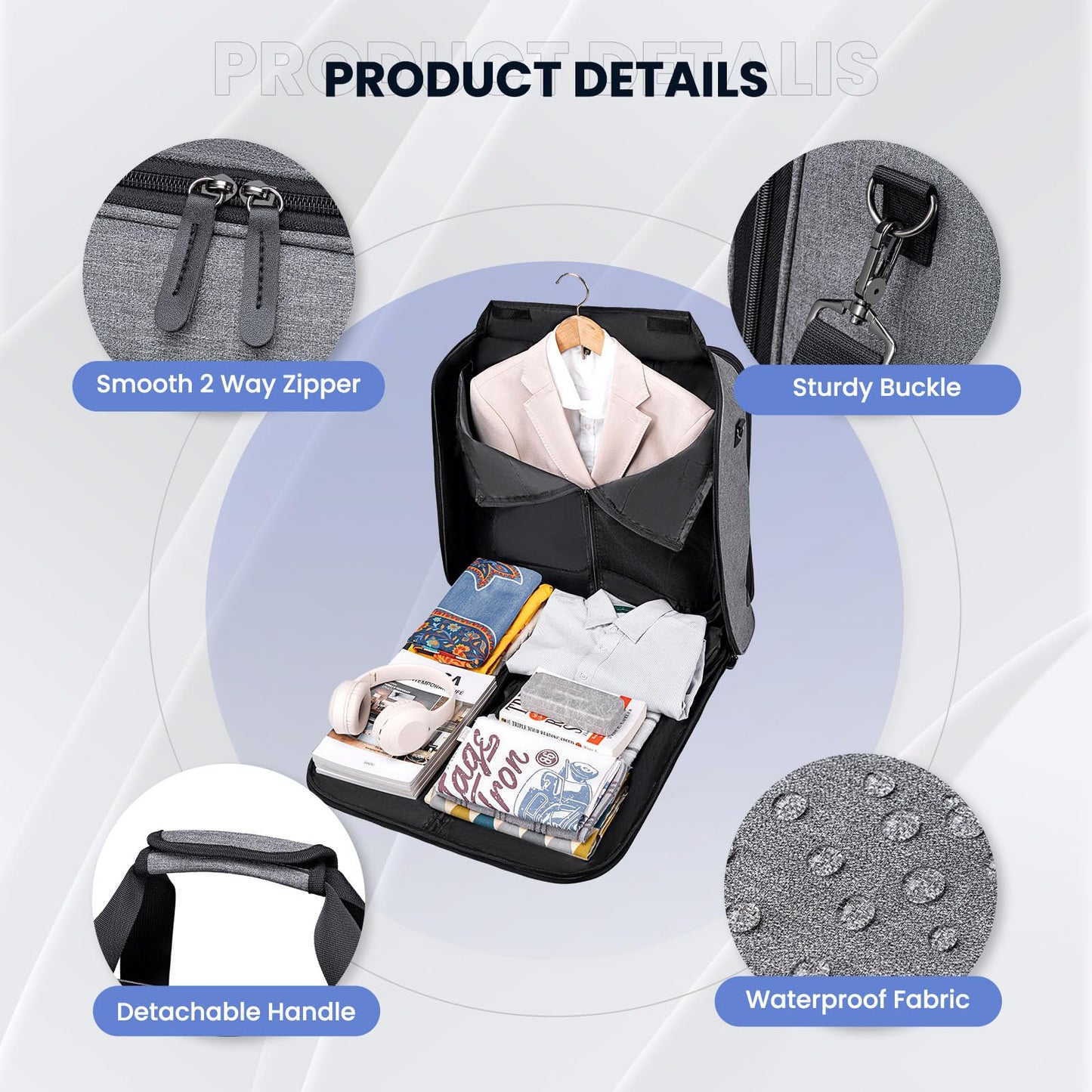 Garment Bags for Travel, Double Layered Carry on Garment Bag with Shoulder Strap, Foldable Suit Travel Bags for Men, Wrinkle Free Garment Travel Bag for Hanging Clothes, Dark Grey