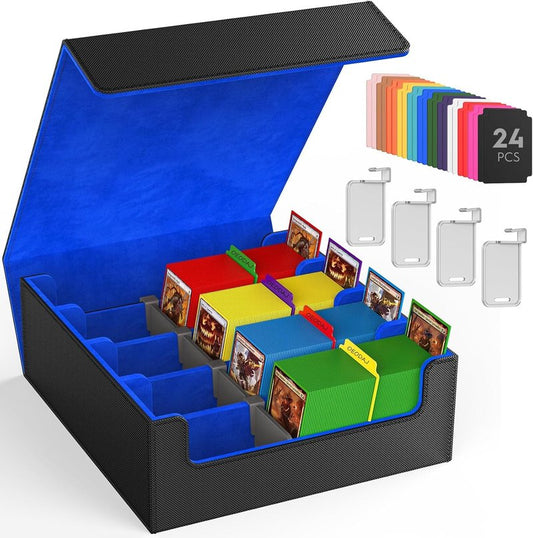 Trading Card Storage Box - 3200+ MTG Card Organizer with 24 Colorful Dividers & 4 Stands | Fits Yu-Gi-Oh & Game Cards (Black & Blue)