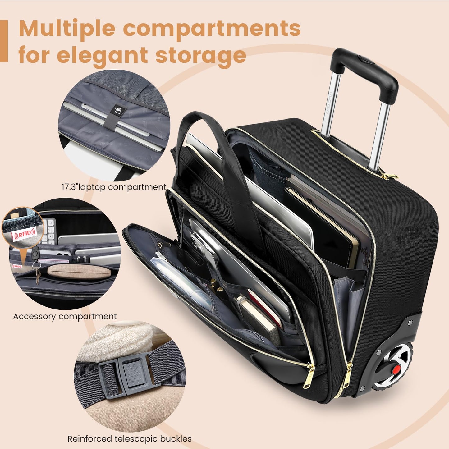 RUCYEN Rolling Laptop Bag, 15.6 inch Rolling Briefcase for Men & Women,Laptop Briefcase on Wheels, Overnight Bags Carry On Bag, for Business Travel