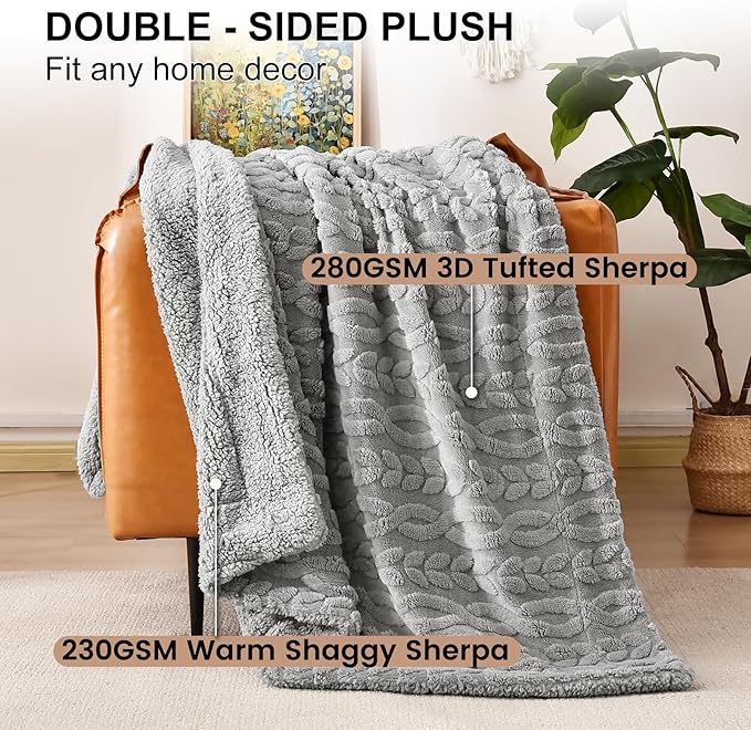 PHF Fluffy Sherpa Blanket Queen Size for Winter, Warm and Soft, 510GSM 3D Jacquard Thick Shaggy Fleece Plush Blanket for Sofa Bed, Grey, 90"x90"