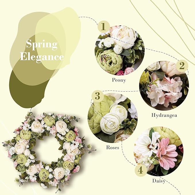 Peony Wreath 23" Floral Artificial Wreath for Front Door Wall Decor Home Décor Festival Celebration Wedding Party New Owners Seasonal Decoration Housewarming Gifts EZsenses (Green)