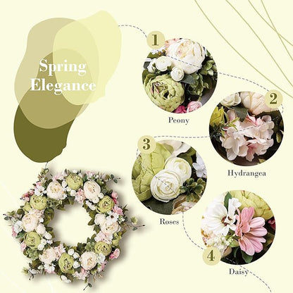 Peony Wreath 23" Floral Artificial Wreath for Front Door Wall Decor Home Décor Festival Celebration Wedding Party New Owners Seasonal Decoration Housewarming Gifts EZsenses (Green)