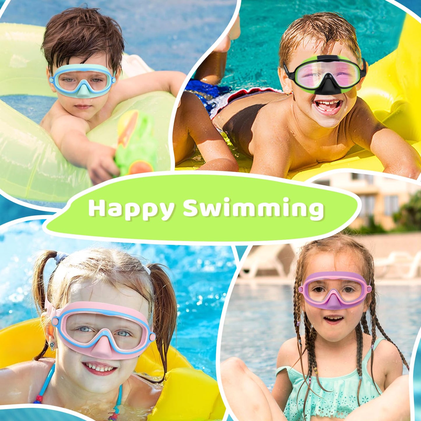 Vvinca 2 Pcs Kids-Swim-Goggles with Nose Cover, Swimming Diving Mask Wide View Anti Fog UV Anti Shattered Lens for Kids 3-5