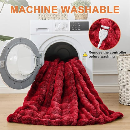 Heated Blanket Electric Throw Blanket 84''X 90''-Heating Blanket with 6 Heat Settings-10 Hours Auto Off,Cozy Faux Rabbit Fur Bubble Electric Blanket,Red