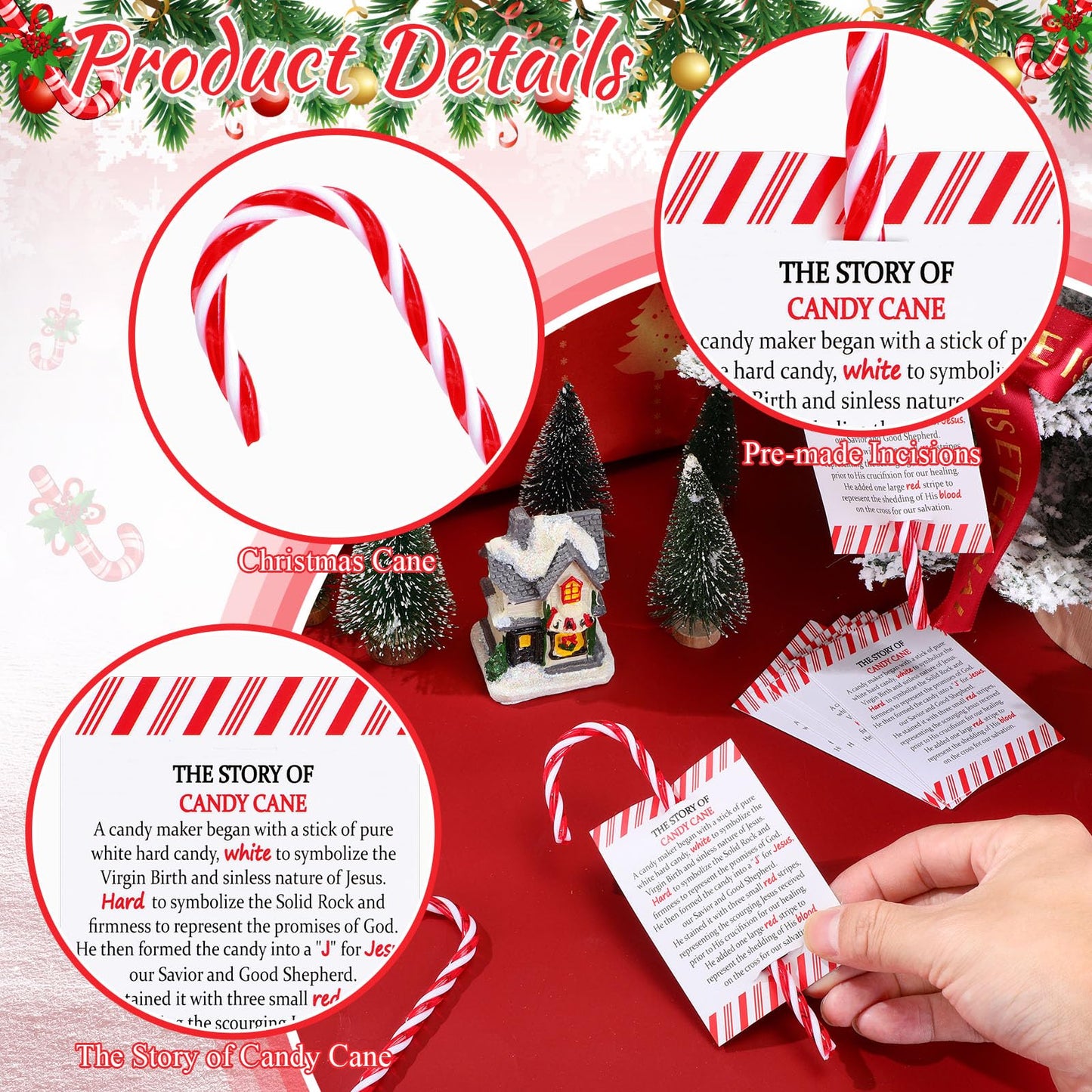Cinnvoice 50 Sets Christmas Candy Cane Ornament and Candy Cane Meaning Story Cards Plastic Christmas Tree Hanging Ornaments Twisted Red and White Tree Decoration for Xmas Party Supplies