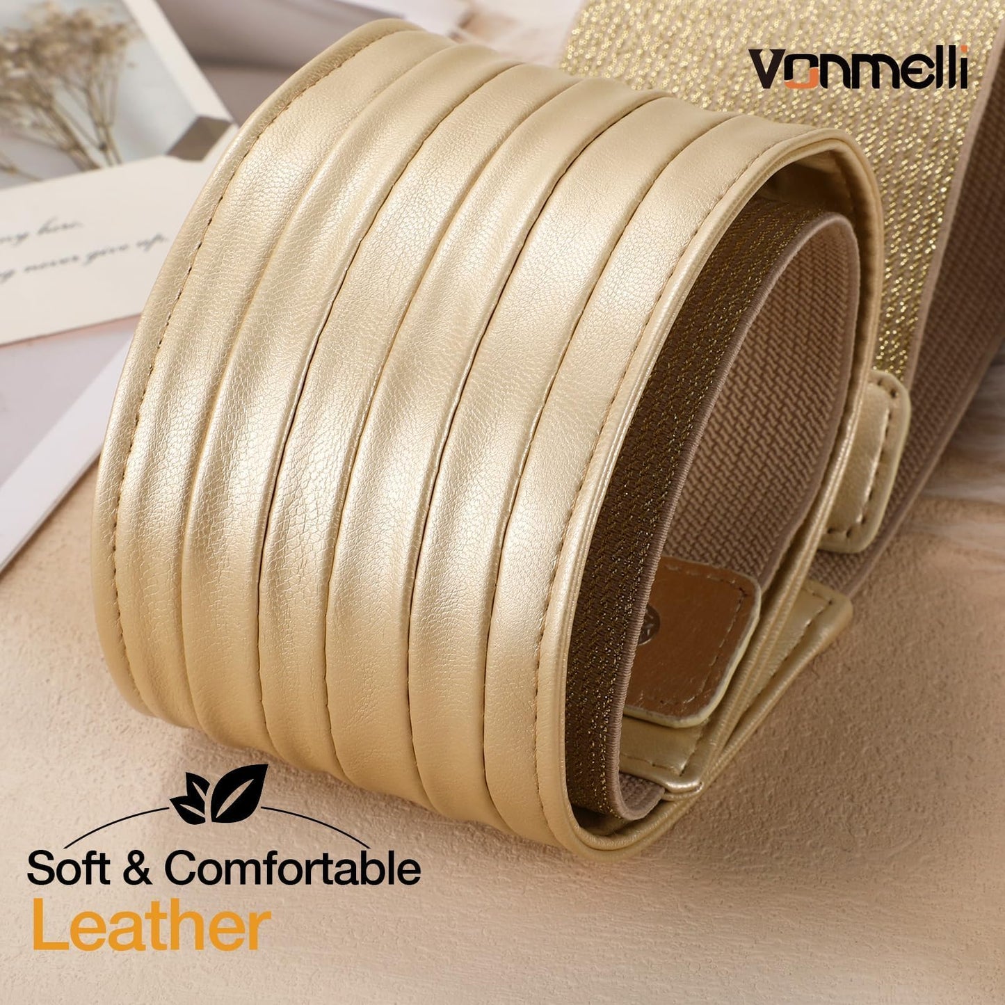 VONMELLI Women's Elastic Leather Wide Belts for Dresss Stretchy Waist Belt Fashion Ladies Corset Belts, Gold M