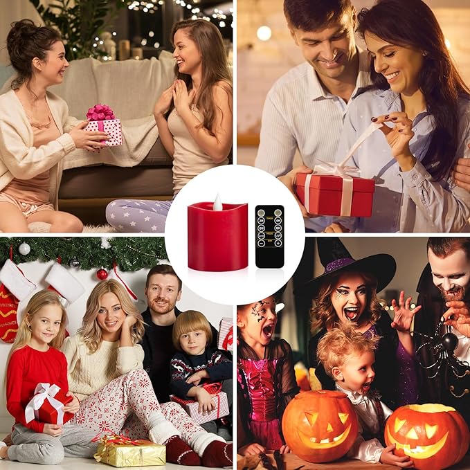 Red LED Pillar Candles 3x3 Inch - Battery Operated Flameless Candles with Remote Timer & Realistic Flickering Flame, 600+ Hours Lasting for Christmas Halloween Home Decor (1-Pack)