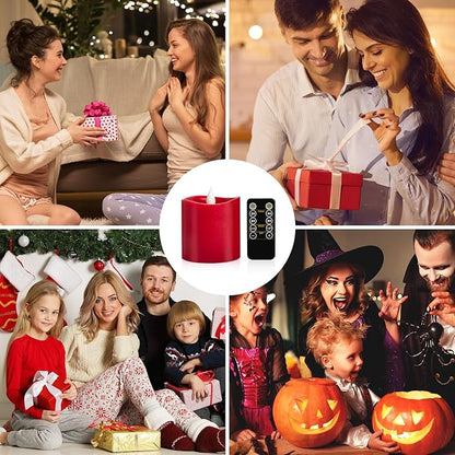 Red LED Pillar Candles 3x3 Inch - Battery Operated Flameless Candles with Remote Timer & Realistic Flickering Flame, 600+ Hours Lasting for Christmas Halloween Home Decor (1-Pack)
