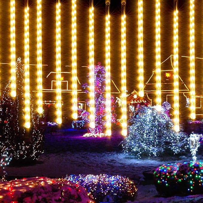 AWQ 16.9 Inch 10 Tubes Meteor Shower Lights 360LED Waterproof Falling Rain Drop Christmas Lights Plug in for Indoor & Outdoor Holiday Garden Tree Christmas Party Home Decor (Warm White)