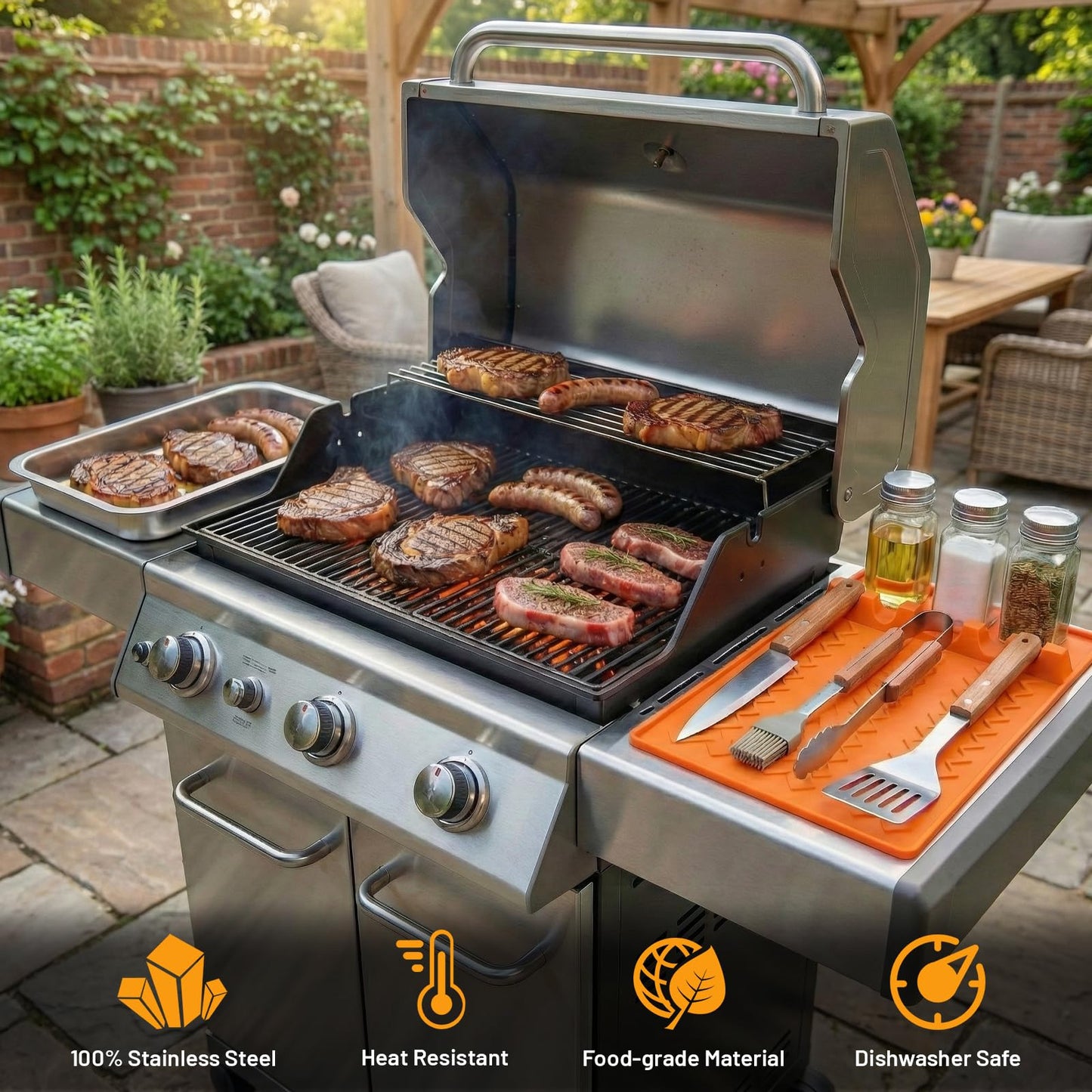 Grilling Prep and Serve Trays, Set of 5 Stackable Stainless Steel BBQ Trays with Lid & Cutting Board & Silicone Mat, Deep Marinating Container, Serving Platter for Plating Food, Large BBQ Prep Tub