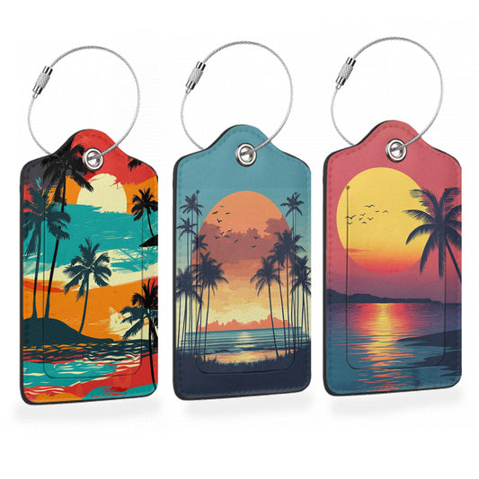 Abstract Beach 3 Pack Luggage Tags for Suitcases, Colorful Tropical Palm Tree Sunset PU Leather Luggage Tag for Travel, Bag Tags with Privacy Name ID Card and Steel Loop for Women Men