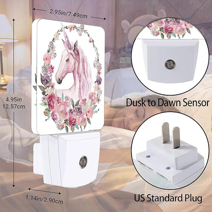 Pink Unicorn Night Light, Floral Night Lights Plug into Wall Decor for Bedroom, Bathroom, Hallway, Kitchen, Dusk to Dawn Sensor Nightlights for Boys Girls Women Men Room Gifts