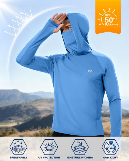 isnowood Men's UPF 50+ Fishing Sun Hoodie, UV Protection Long Sleeve Hooded Shirt with Mask for Hiking outdoor