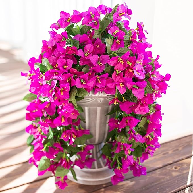 HyeFlora Bougainvillea Artificial Hanging Flowers Plants for Outdoors Decoration, 2pcs Fake Flowers Silk Bougainvillea Vines Realistic UV Resistant Faux Flowers for Outdoor Planters Patio Urn, Purple