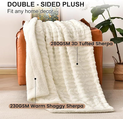 PHF Fluffy Sherpa Blanket Twin Size for Winter, Warm and Soft, 510GSM 3D Jacquard Thick Shaggy Fleece Plush Blanket for Sofa Bed, Cream, 60"x80"