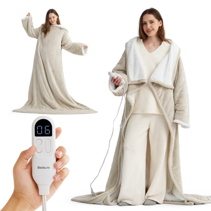 Bedsure Heated Blanket Wearable Shawl - Electric Wrap Poncho Blanket Hoodie for Adult, Birthday Gifts for Mom Women, Sherpa Heating Throw with 4 Time Settings & 6 Heat Settings, 55x64 inches, Grey