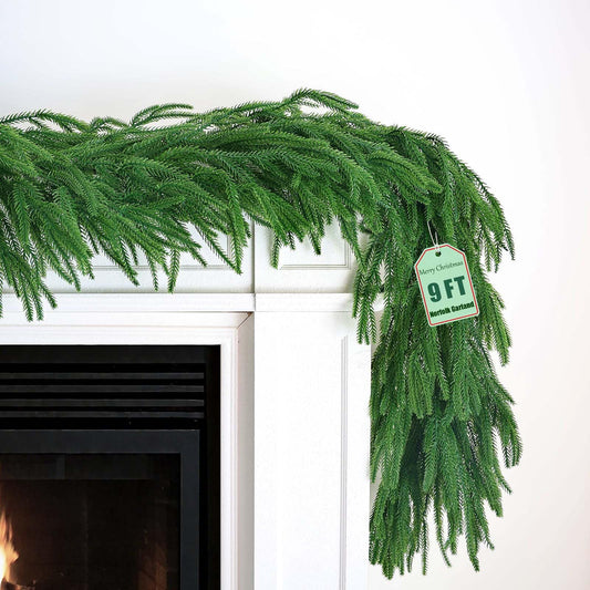【Extra Full】 9FT Christmas Norfolk Pine Garland, Greenery Real Touch Decorations for Mantle Table Staircase Fireplace Mantel Porch Holiday Home Winter Faux Xmas Indoor Outdoor Decor