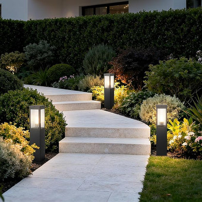 Outdoor Landscape Path Light Stainless Steel Waterproof Bollard Lighting Hardwired E26 Glass Post Pillar Lights Black Modern Lawn Lighting Outside House Pathway Lamp For Garden Patio Yard Street Light