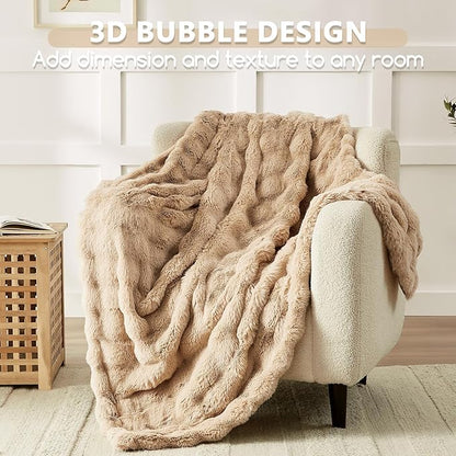 L'AGRATY Faux Rabbit Fur Blanket: 90" x 90" Queen Luxury Soft Fluffy Thick Fur Throw Blanket for Couch Bed - Cozy Plush Bubble Blankets for Winter: Flannel Fleece Decorative Blanket(Milk Tea Brown)